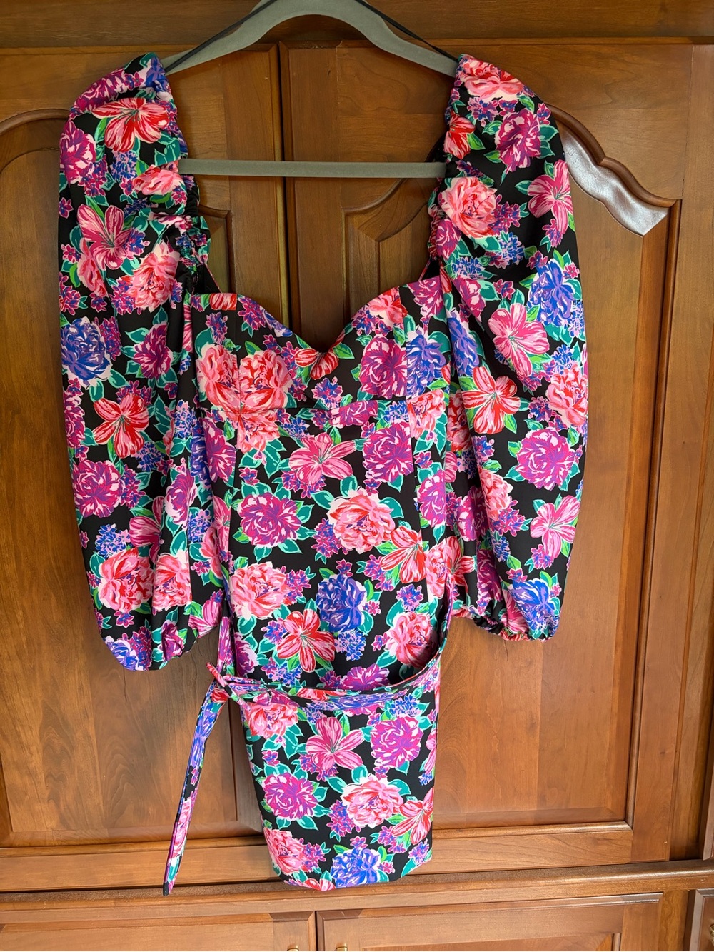 Zara Black Floral Puff-Sleeve Mini Dress with Pink, Purple & Green Print